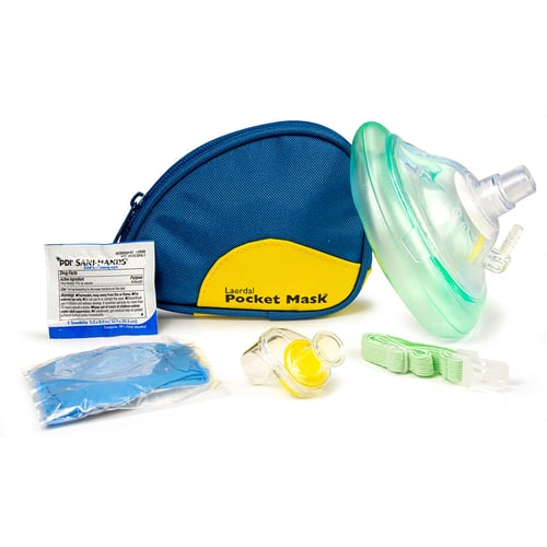 Laerdal Pocket Mask w/Oxygen Inlet & Head Strap w/Gloves in Blue Soft Pack